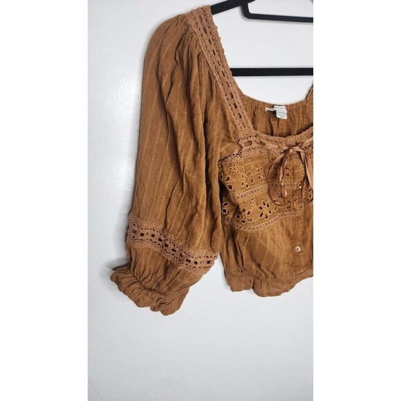 American Eagle Lace Tie Crop Top Long Sleeve Brown Size XS - Picture 4 of 7